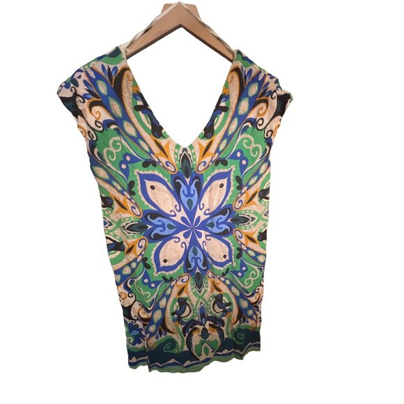 Anthropologie Maeve Blue Green Pleated Bird Short Sleeve Shift Dress Size Small - Picture 2 of 5